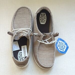 Hey Dude Knit Slip-On Sneakers in Tan with White Laces